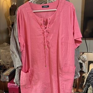 Lands' End Bright Pink Lace-Up Linen Tunic with Pockets